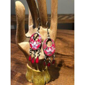Hot pink Floral shell Dangle drop Fish hook Earrings